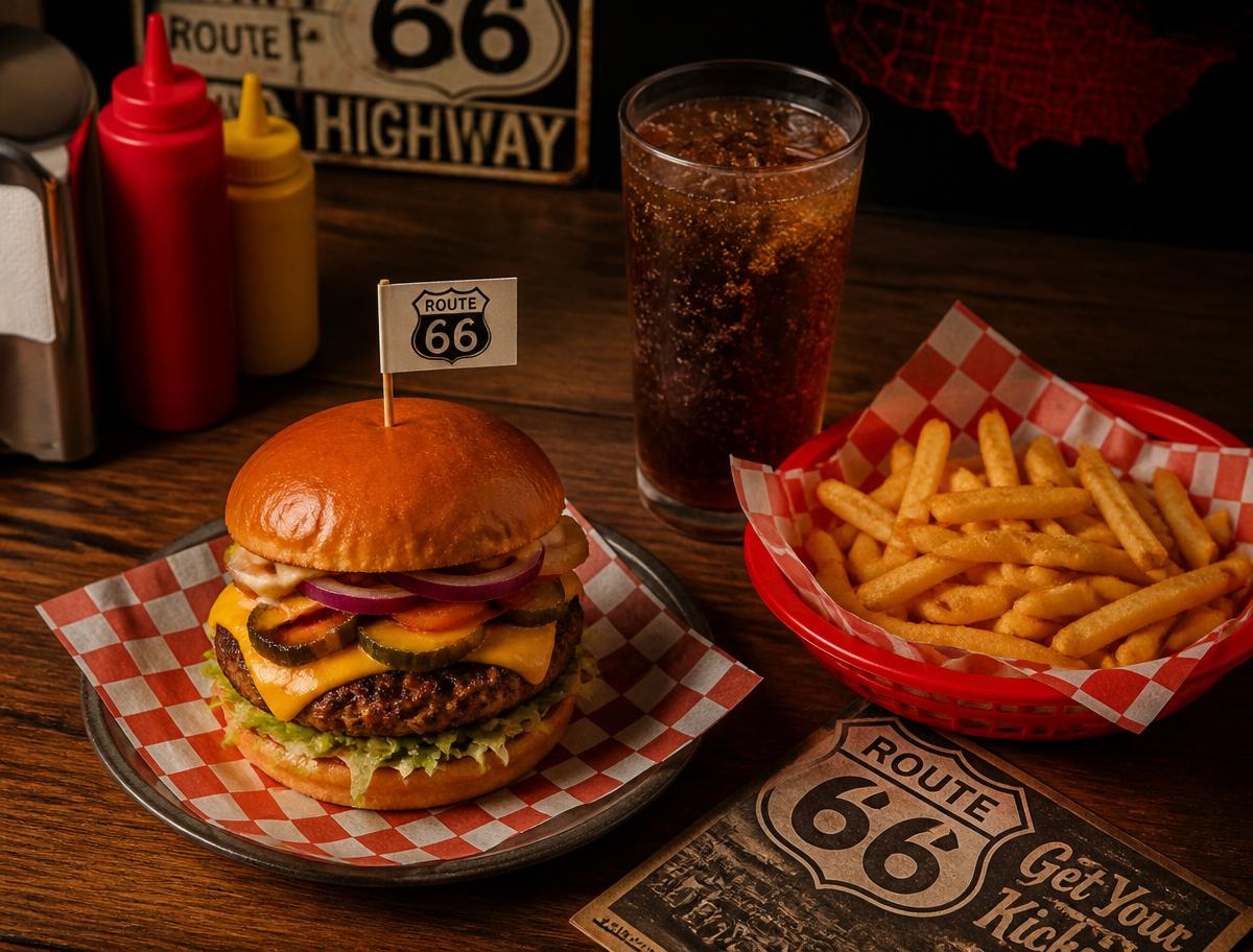 Burger z frytkami i colą w klimacie Route 66